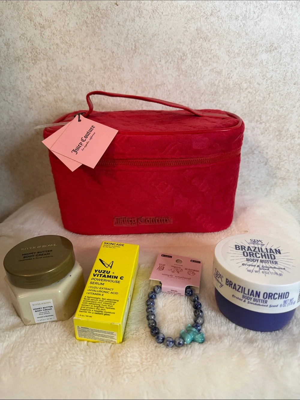 Juicy Couture Red Quilted Cosmetic Case with Handle Bundle